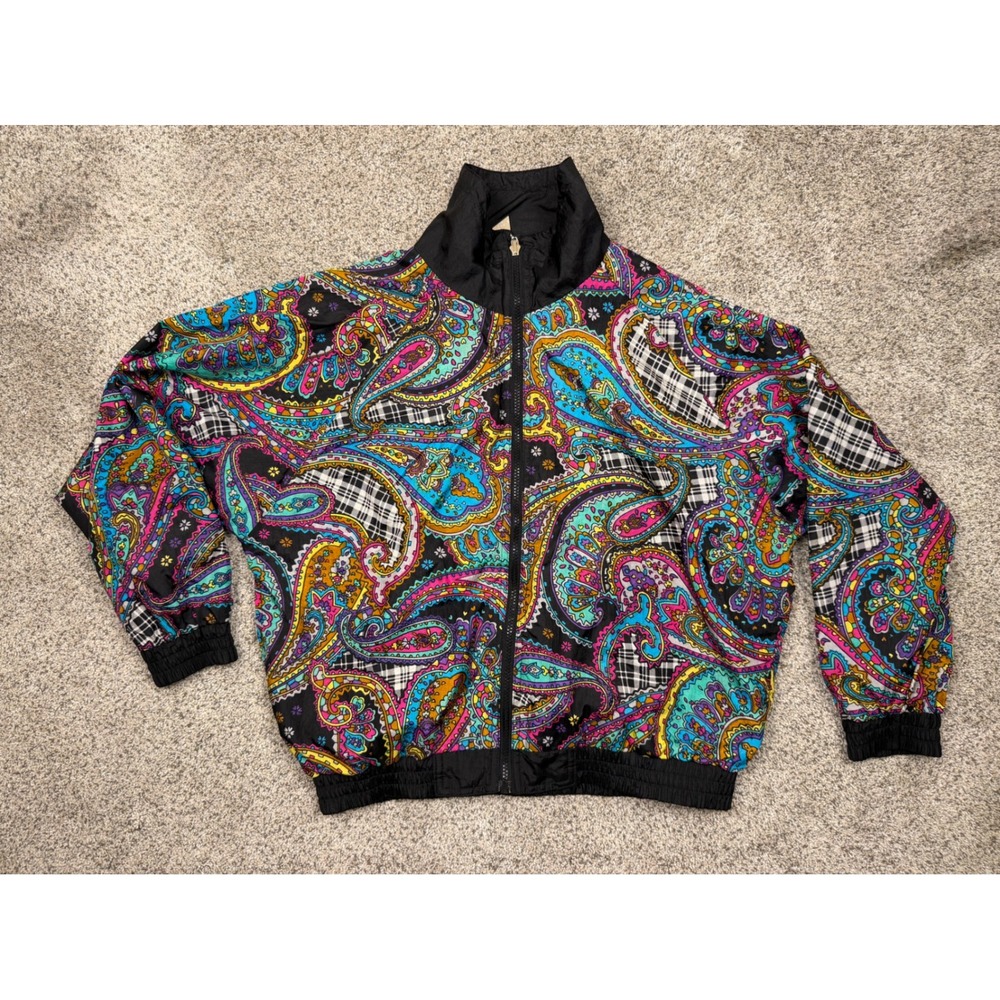 Casual Isle Reversible Windbreaker Jacket Black Multi Paisley Pockets Vintage Sm - Picture 6 of 8